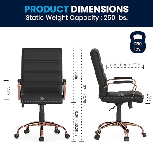 Flash Furniture Mid-Back Black LeatherSoft Executive Swivel Office Chair with Rose Gold Frame and Arms