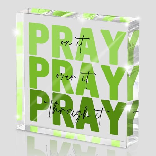 Ideal Christian Gifts for Women - Pray On It,Pray Over It - Bible Verse Desk Art, Inspirational Decor, Green Dorm Room Decor for Women, Desk Decorations for Office, 4 x 4 inches（Green）