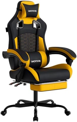 Gaming Chair with Massage,Ergonomic PC Gaming Chair with Footrest Comfortable Headrest and Lumbar Support,High Back Game Chair PVC Leather,300LBS (BlackYellow)