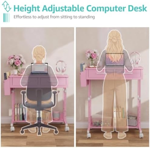 Pink Rolling Desk with Drawers, Small Height Adjustable Girls Standing Desk