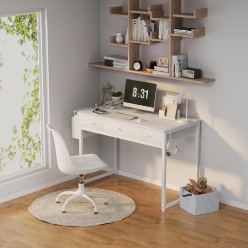 Lufeiya Small White Computer Desk with Drawers for Home Office Bedroom, 40 Inch Vanity Desk with Fabric Drawer Storage and Side Pouch, Study Writing Table, White