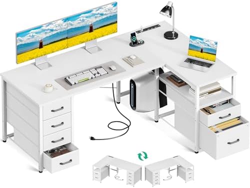 Coleshome 55 Inch L Shaped Office Desk with 6 Drawers, Power Outlet, White