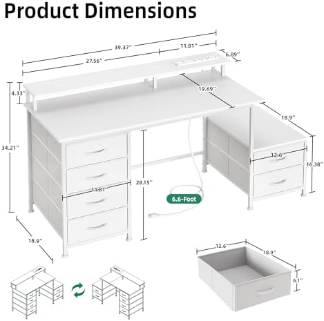 52 Inch Office Desk with 6 Drawers and Printer Space for Storage, Reversible Computer Desk with Monitor Stand & Power Outlets, Home Office Desks, White