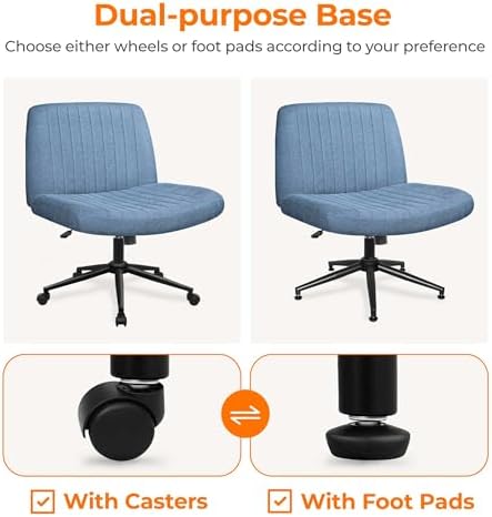 NEO CHAIR Criss Cross Chair with Wheels Armless Cross Legged Office Desk Wide Comfy Vanity Makeup Chair Adjustable Swivel Rolling Computer for Home Office Fabric (Blue)