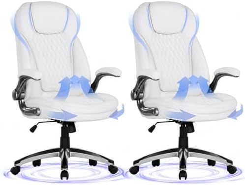 COLAMY High Back Executive Office Chairs Set of 2, Ergonomic PU Leather Desk Chairs with Flip-Up Armrests, Adjustable Height, Lumbar Support, Comfortable Computer Chairs for Home Office, White