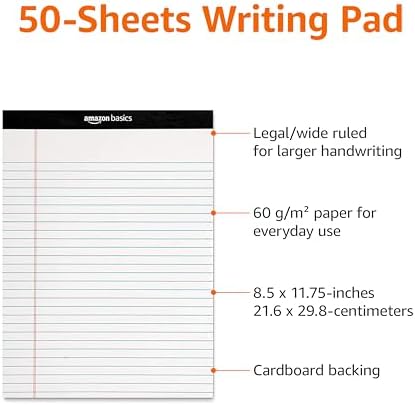 Amazon Basics Wide Ruled Lined Writing Note Pads for Office Supplies, 8.5" x 11.75", White, 12-Pack of 50 Perforated Sheets