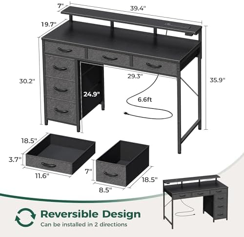 Huuger Gaming Desk with 6 Drawers, Computer Desk with LED Lights Power Outlets and Type-C, 39 Inch Office Desk with Storage, Monitor Stand, Writing Desk Work Desk Home Office, Bedroom, Black, 1CD100B