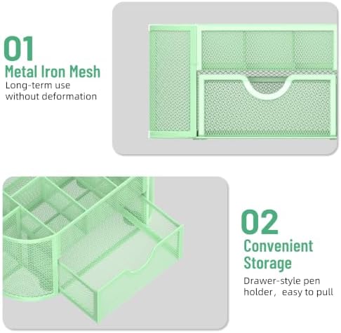 Mesh Desk Organizer with Drawer, 9-Compartment Pen Holder for Desk, Green