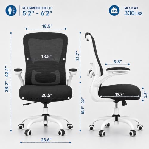 Ergonomic Office Chair for Long Hours, Adjustable Padded Lumbar Support for Lower Back Relief, 330 lb Capacity, Comfortable Computer Desk Chair for Home Office, Work & Study