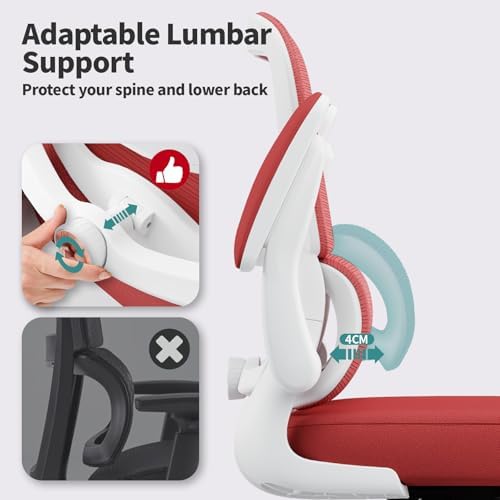 TRALT Office Chair - Ergonomic Desk Chair with Adjustable Lumbar Support, Mesh Computer Chair, Executive Chair for Home Office Comfortable Lumbar Support (1, White Red)
