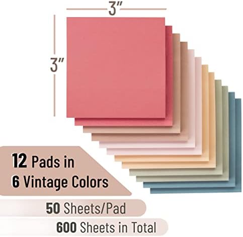 Mr. Pen- Sticky Notes, 3"x3", 12 Pads, 600 Sheets, Vintage Colors