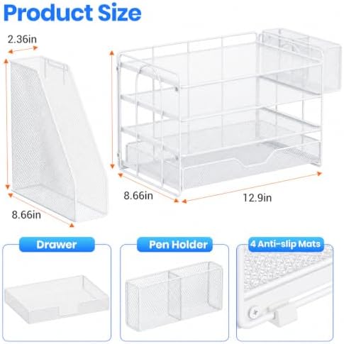 OPNICE Desk Organizers and Accessories, 4-Tier Desktop File Organizer with Drawer and Pen Holders, Office Desk Accessories Workspace Organizers for Office Supplies (Soft White)