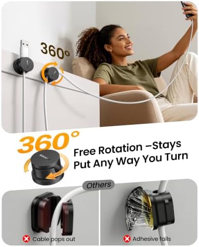 Silkland 8 Pack Snap-Lock Cable Clips, 360° Rotatable Cord Holder for Desk