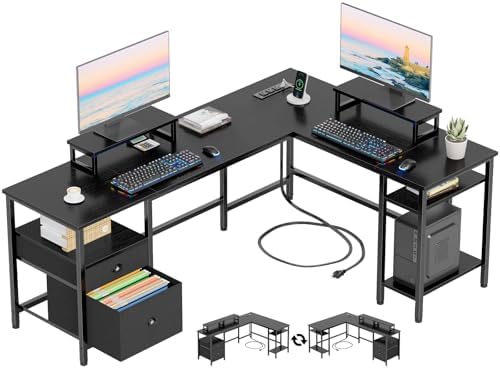 Furologee 66 Inch L Shaped Desk with 2 Drawers and Power Outlet, Black