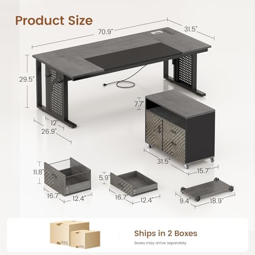 SEDETA 71" Executive Desk with Rolling File Cabinet, Large Office Desk with Drawers, L Shaped Computer Desk with Power Outlets, CPU Stand, Pegboard and Storage Shelves, Gray