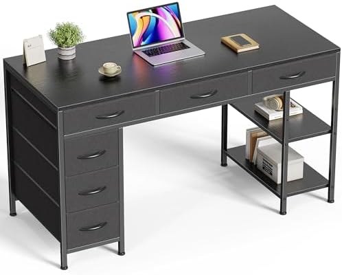 Huuger Computer Desk with 6 Drawers, Office Desk with Shelves, Reversible Gaming Desk, Corner Desk with Storage, Work for Home Office, Study, Living Room, 47inch, Black