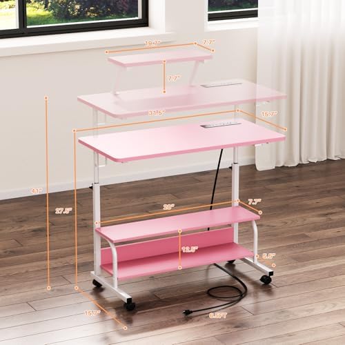 Height Adjustable Standing Desk with Power Outlets and LED Lights - 32" Manual Stand Up Desk with Monitor Stand and Storage Shelves Small Mobile Rolling Computer Desk Portable Laptop Table, Pink