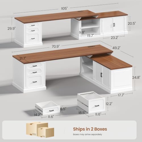 SEDETA Farmhouse L Shaped Desk with Drawers, 70.9" Home Office Desk with Storage Cabinet and Storage Shelves, L Shaped Computer Desk with Power Outlet，White+Brown
