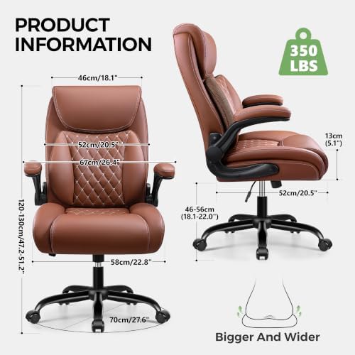 Office Chair, Ergonomic Executive Desk Chair with Lumbar Support for Lower Back Pain Relief, Padded Flip-Up Armrests, Leather Home Office Chair, Brown