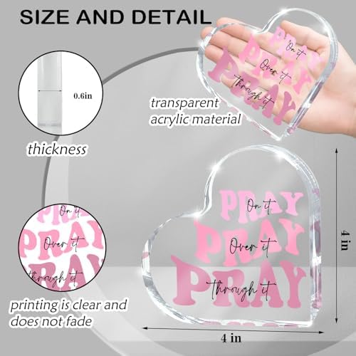 Pray on it Pray over it Pray through it Heart Acrylic Sign, Mother's Day Decorative, Pink Dorm Room Decor for Women, Pink Office Desk Accessories Decor Sign, Bathroom Acrylic Sign(Heart)