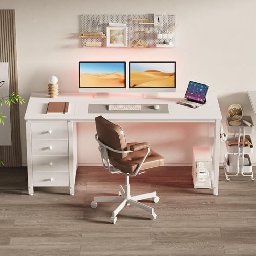 Lufeiya White Computer Desk with Drawers - 55 Inch Long Study Work Writing Desk for Home Office Bedroom, Reversible Simple Modern Cute PC Desks with Fabric Drawer, White