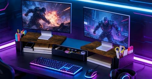 Spacrea Wood Dual Monitor Stand Riser with Drawer and 2 Pen Holders