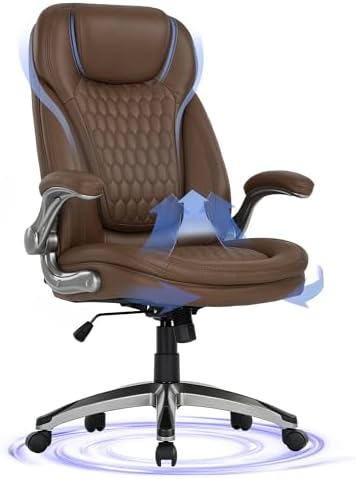 COLAMY Executive Office Chair-Ergonomic Computer Desk Chair, High Back Leather Chair with Padded Flip-up Arms, Swivel Home Office Chair Upgraded Caster, Brown