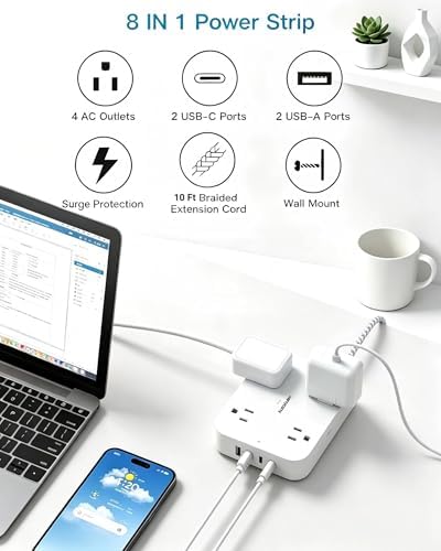 Surge Protector Power Strip, 10Ft Extension Cord with 4 USB Ports(2 USB C)