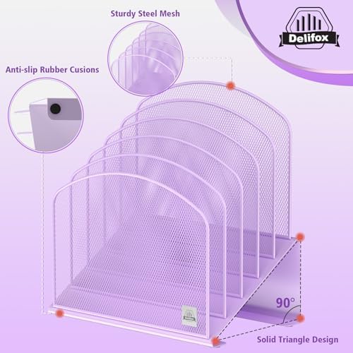 Delifox Inclined Desk File Organizer,Vertical File Folder Holder Stand Metal Rack File Sorter for Office Classroom Desktop Organization (1, Purple, 5)