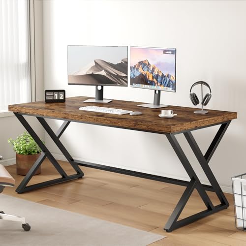 LVB 55 Inch Computer Office Desk Metal & Wood Writing Desks Rustic Brown