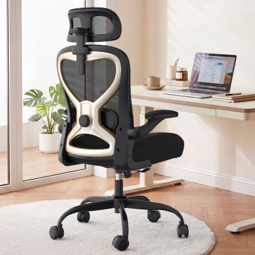 Ergonomic Office Chair, Mesh Desk Chair with Headrest, Lumbar Support, Thick Seat Cushion, Flip-up Arms, High Back Computer Task Chairs for Home Office, Black/Gold
