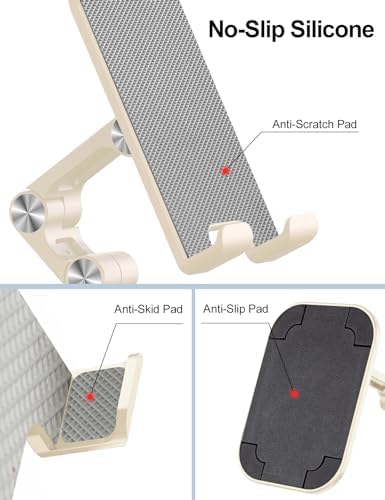 OCYCLONE Phone Stand, Adjustable Height and Angle Foldable Cell Phone Stand Holder for Desk, Taller iPhone Stand Compatible with 4.7"-13" Smartphones iPad Tablet, Beige