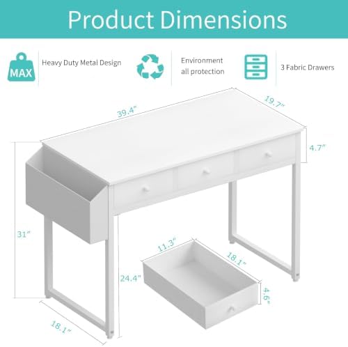 Lufeiya Small White Computer Desk with Drawers for Home Office Bedroom, 40 Inch Vanity Desk with Fabric Drawer Storage and Side Pouch, Study Writing Table, White