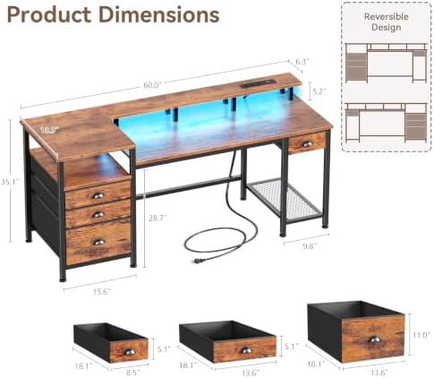 Furologee 60" Computer Desk with 4 Drawers, Power Outlet, LED, Rustic Brown
