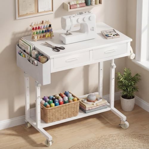 WINAZ Small Rolling Standing Desk with Drawers & Storage, 32 Inch Height Adjustable Desk on Wheels for Teachers, Students, Portable Mobile Workstation for Home Office, Small Spaces, Sewing & Crafts