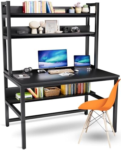 Aquzee Computer Desk with Hutch and Bookshelves, Large Leg Room 47 inch Width Black Desk with Space Saving Storage Shelves for Home Office,Study, Work, Easy Assemble