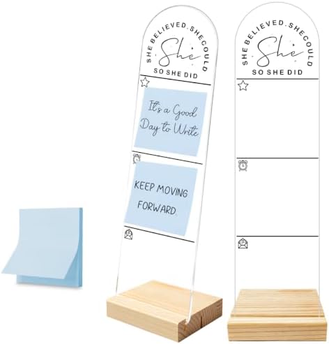Sticky Note Holder, Monitor Memo Board, Message Board, Acrylic Desk Organizer with Wooden Base with 100Pcs 3X3 Inch Notes She Believed She Could So She Did