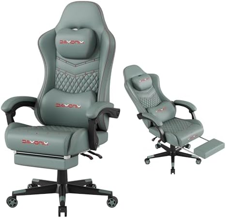 Gaming Chair,Ergonomic Computer Gaming Chair,400lb Load-Bearing,Retractable Footrest/Waist Support/Ergonomic Backrest[Spring + 4D Sponge] (Green)