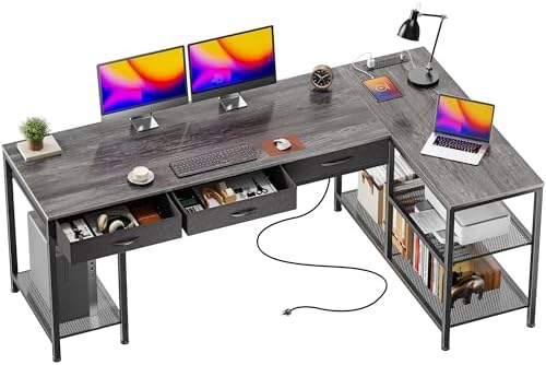 PRAISUN 63 Inch L Shaped Office Desk with Power Outlets and Type-C Port, Large Computer Gaming Desk with 3 Fabric Drawers, Mesh Shelves, Corner Study Work Writing Desk, Grey