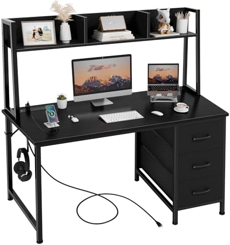 DLisiting Black Computer Desk with Hutch & Drawers - Office Desk with 3 Storage Drawers and Power Outlets, 47 Inch Modern Study Writing Desk for Bedroom Home Office
