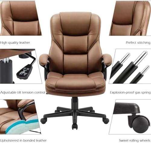 Furmax Office Executive Chair High Back Adjustable Managerial Home Desk Chair, Swivel Computer PU Leather Chair with Lumbar Support (1, Light Brown)