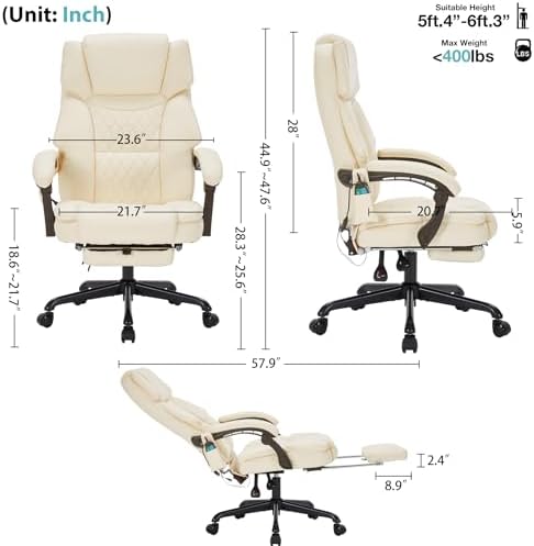 Massage Office Chair with Foot Rest 6 Points Vibration and Heat Home Office Desk Chairs for Heavy People 400lbs Reclining Managerial Chairs Ergonomic Executive Chair (Cream)