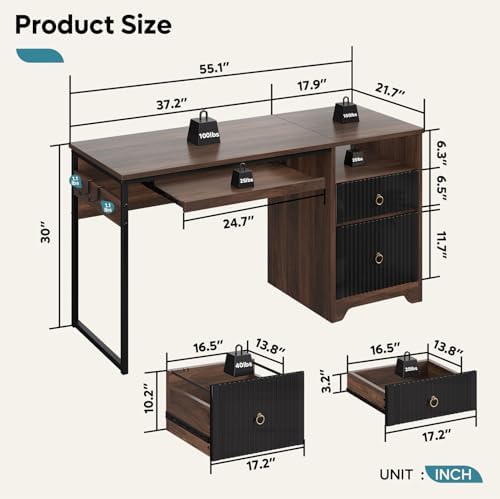 Bestier 55 Inch Wood Computer Desk with File Drawer & Keyboard Tray, Cherry