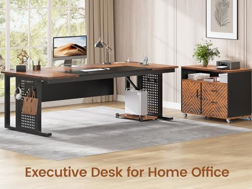 SEDETA 71" Executive Desk with Rolling File Cabinet, Large Office Desk with Drawers, L Shaped Computer Desk with Power Outlets, CPU Stand, Pegboard and Storage Shelves, Rustic Brown