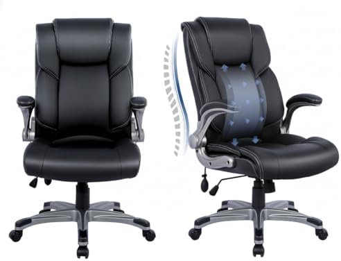 COLAMY Leather Executive Office Chair- High Back Home Computer Desk Chair with Padded Flip-up Arms, Adjustable Tilt Lock, Swivel Rolling Ergonomic Chair for Adult Working Study-Black, Set of 2