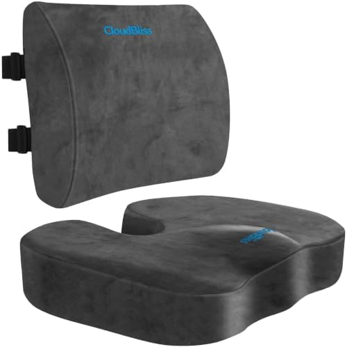 CloudBliss Ergonomic Seat Cushion & Lumbar Support Pillow Set, Grey, Large