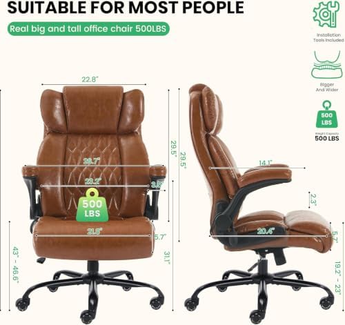 500lbs Big and Tall Office Chair Adjustable Lumbar Support for Back Pain, Extra Wide Seat Executive Office Chair Thick Armrest Pad, Heavy Duty Base&Upgraded Wheels, Ergonomic Desk Chair (Brown)