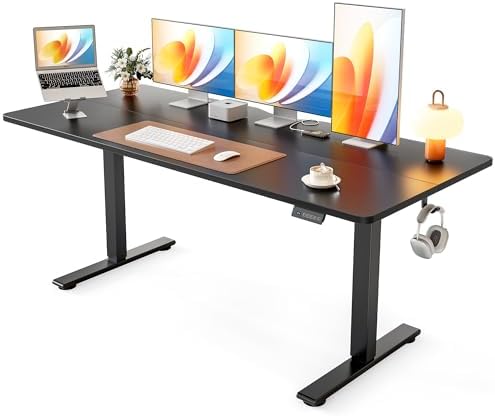 Cubiker Standing Desk, 63x28 Inches Sit Stand Home Office Desk, Electric Stand up Desk, Adjustable Desk with Splice Board, Black Frame/Black Top