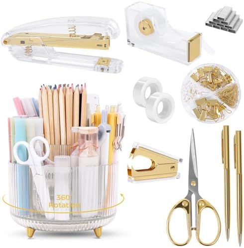 SKYDUE Gold Office Supplies Set with Pencil Holder for Desk
