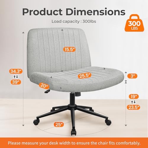 NEO CHAIR Criss Cross Chair with Wheels Armless Cross Legged Office Desk Wide Comfy Vanity Makeup Chair Adjustable Swivel Rolling Computer for Home Office Fabric (Grey)